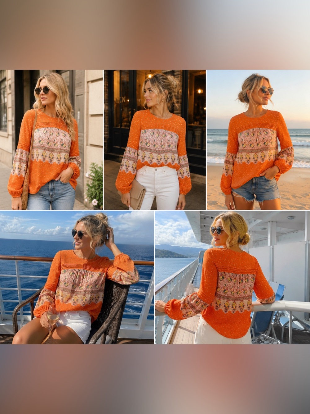 Maeve Orange Floral Panel Boho Puff-Sleeve Blouse